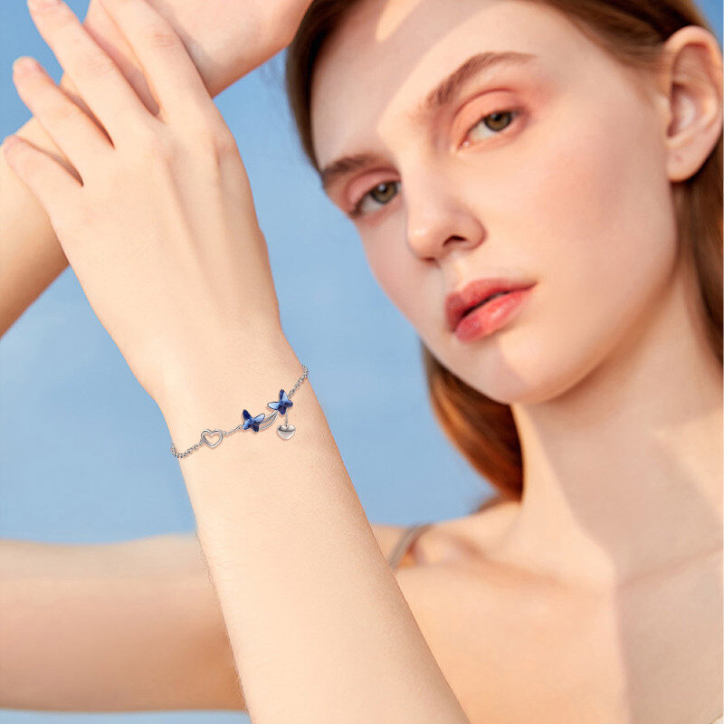 Pulseira com pingente de borboleta e coração em prata de lei com zircónias cúbicas-3