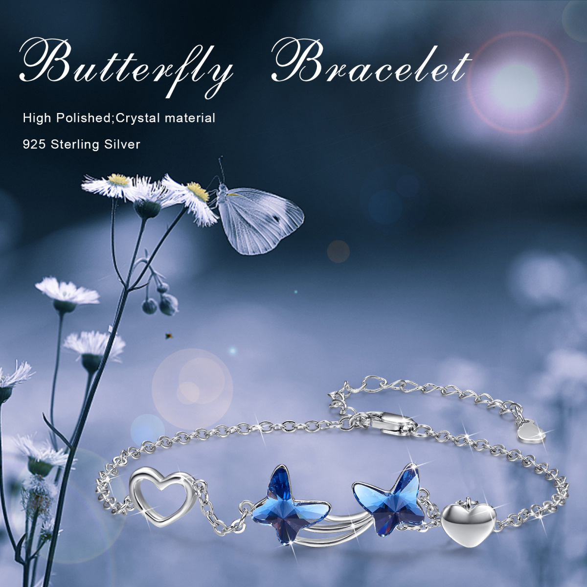 Sterling Silver Cubic Zirconia Butterfly & Heart Charm Bracelet-5