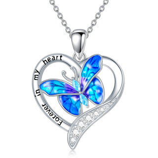 Sterling Silver Cubic Zirconia Butterfly & Heart Pendant Necklace with Engraved Word-12