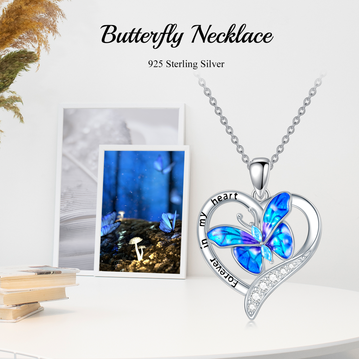 Sterling Silver Cubic Zirconia Butterfly & Heart Pendant Necklace with Engraved Word-6