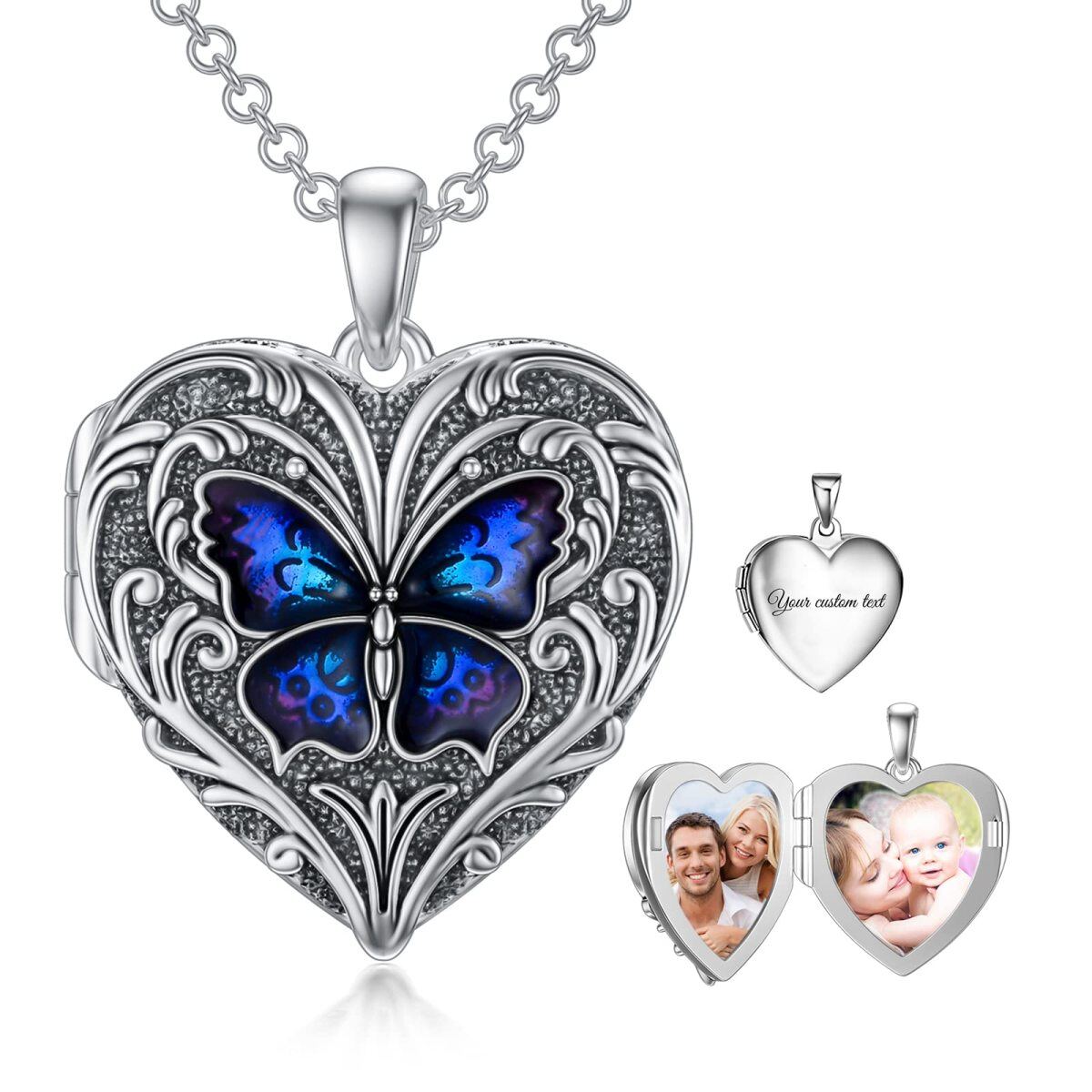 Plata de Ley Mariposa Corazón Personalizado Grabado Foto Locket Collar-1