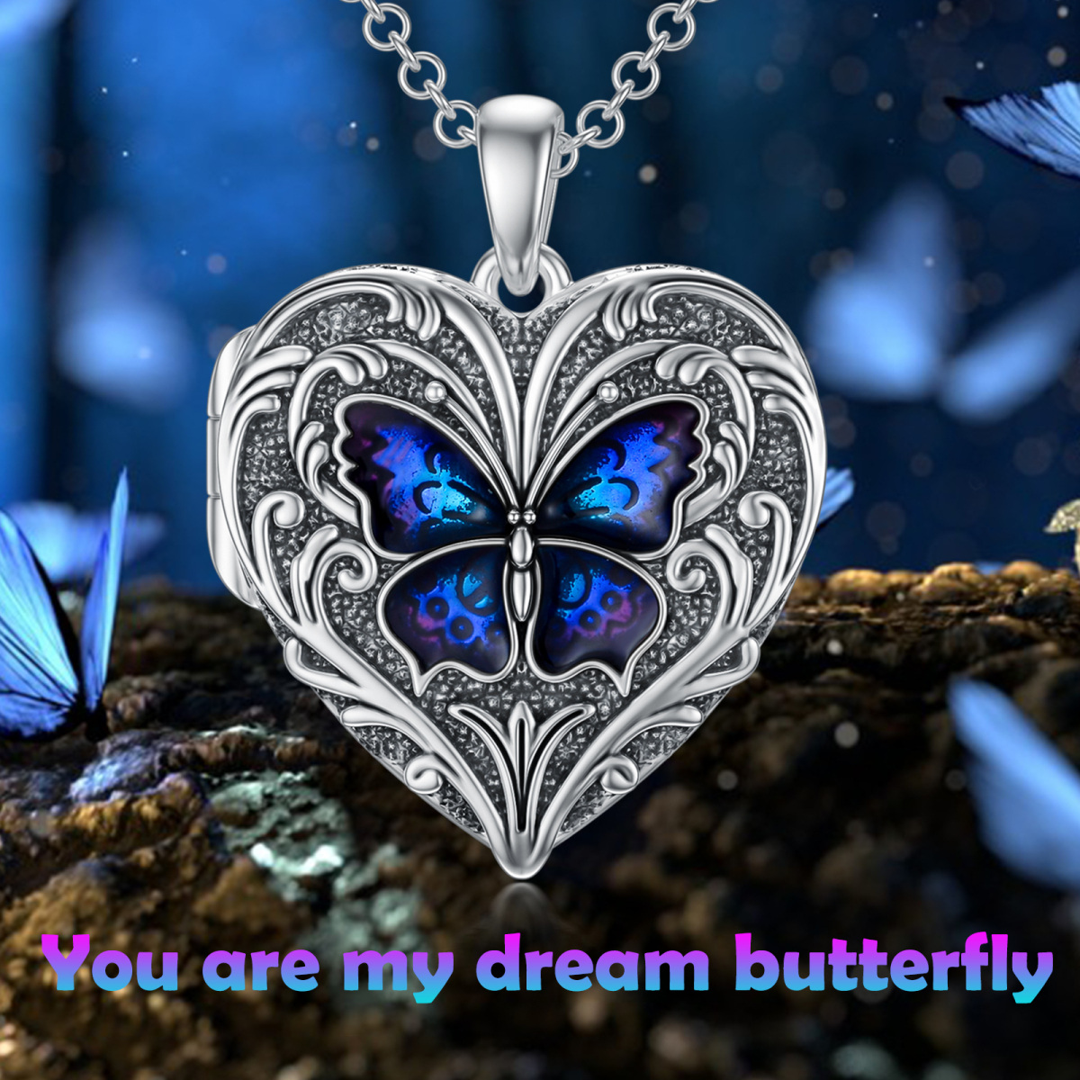 Sterling Silver Butterfly Heart Personalized Engraving Photo Locket Necklace-3