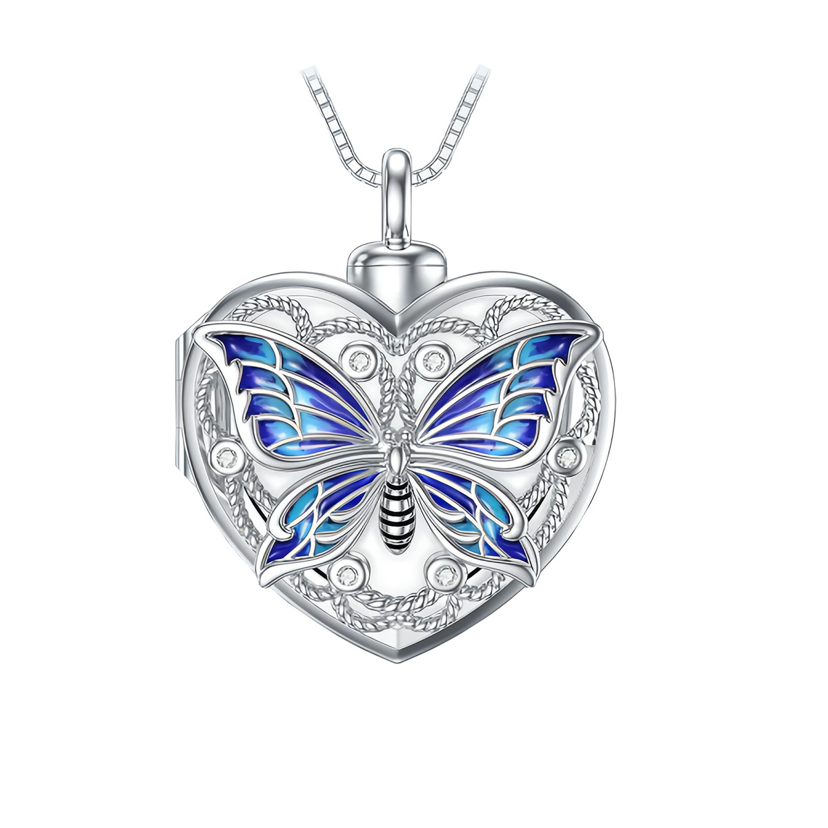 Collana di urna crematoria in argento sterling con cuore di farfalla personalizzato con foto per le ceneri-1