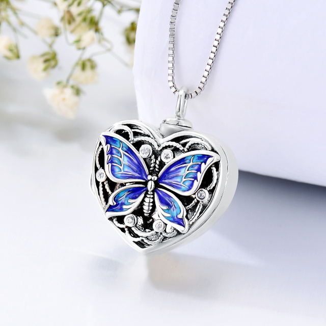 Plata de ley Cubic Zirconia Mariposa Corazón Personalizado Foto Cremación Urna Collar para cenizas-4