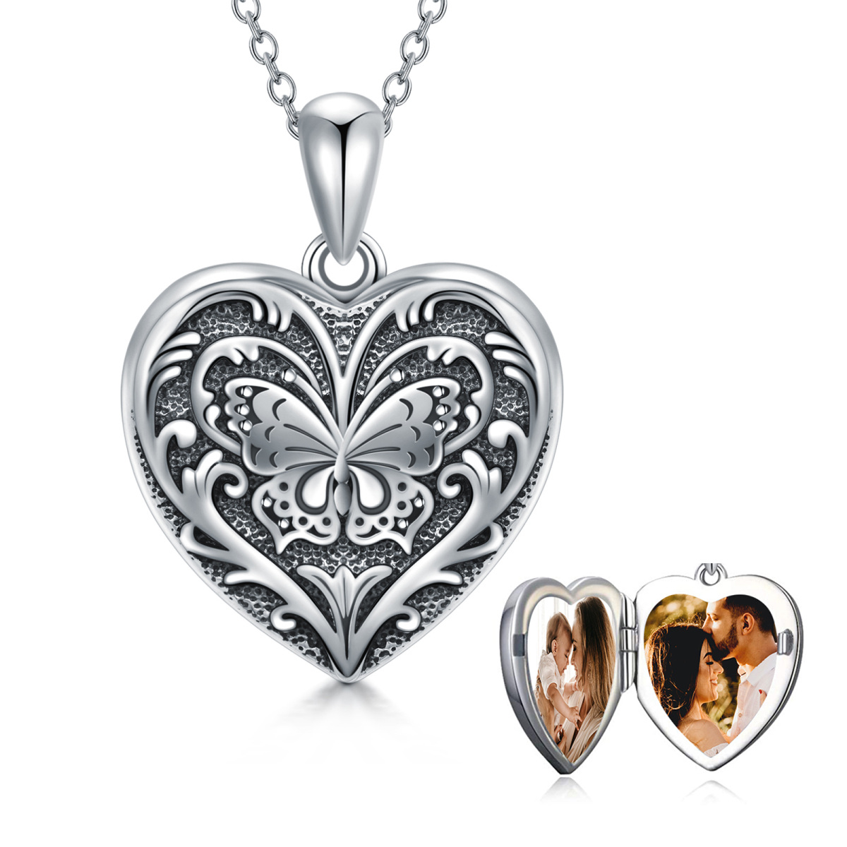 Sterling Silver Butterfly Heart Personalized Photo Locket Necklace-1