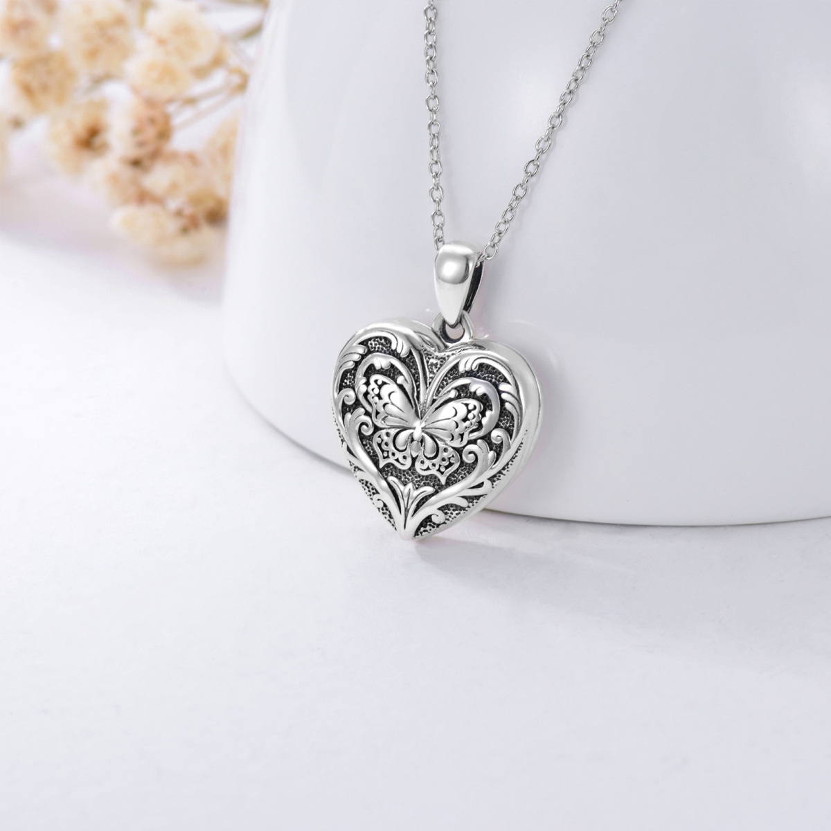 Sterling Silver Butterfly Heart Personalized Photo Locket Necklace-3