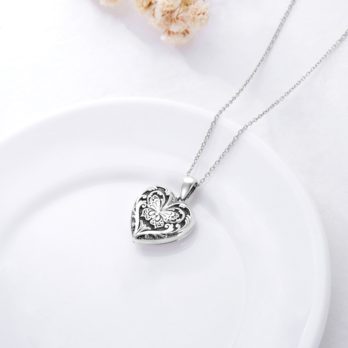 Sterling Silver Butterfly Heart Personalized Photo Locket Necklace-4