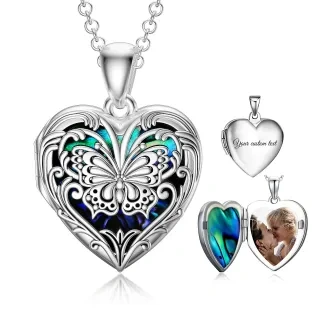 Sterling Silver Butterfly Heart Shaped Abalone Shellfish Personalized Engraving Photo Locket Necklace-33