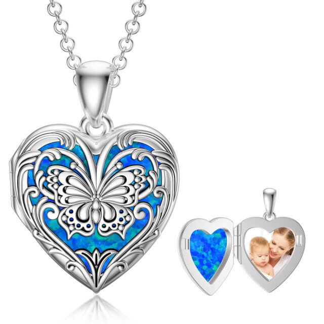 Sterling Silver Butterfly Heart Shaped Blue Opal Personalized Photo Locket Necklace