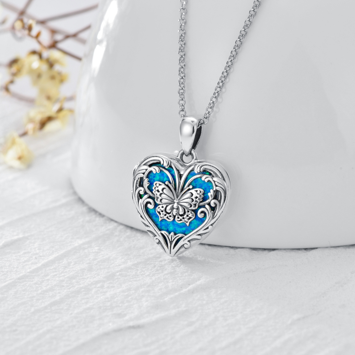 Sterling Silver Butterfly Heart Shaped Blue Opal Personalized Photo Locket Necklace-3