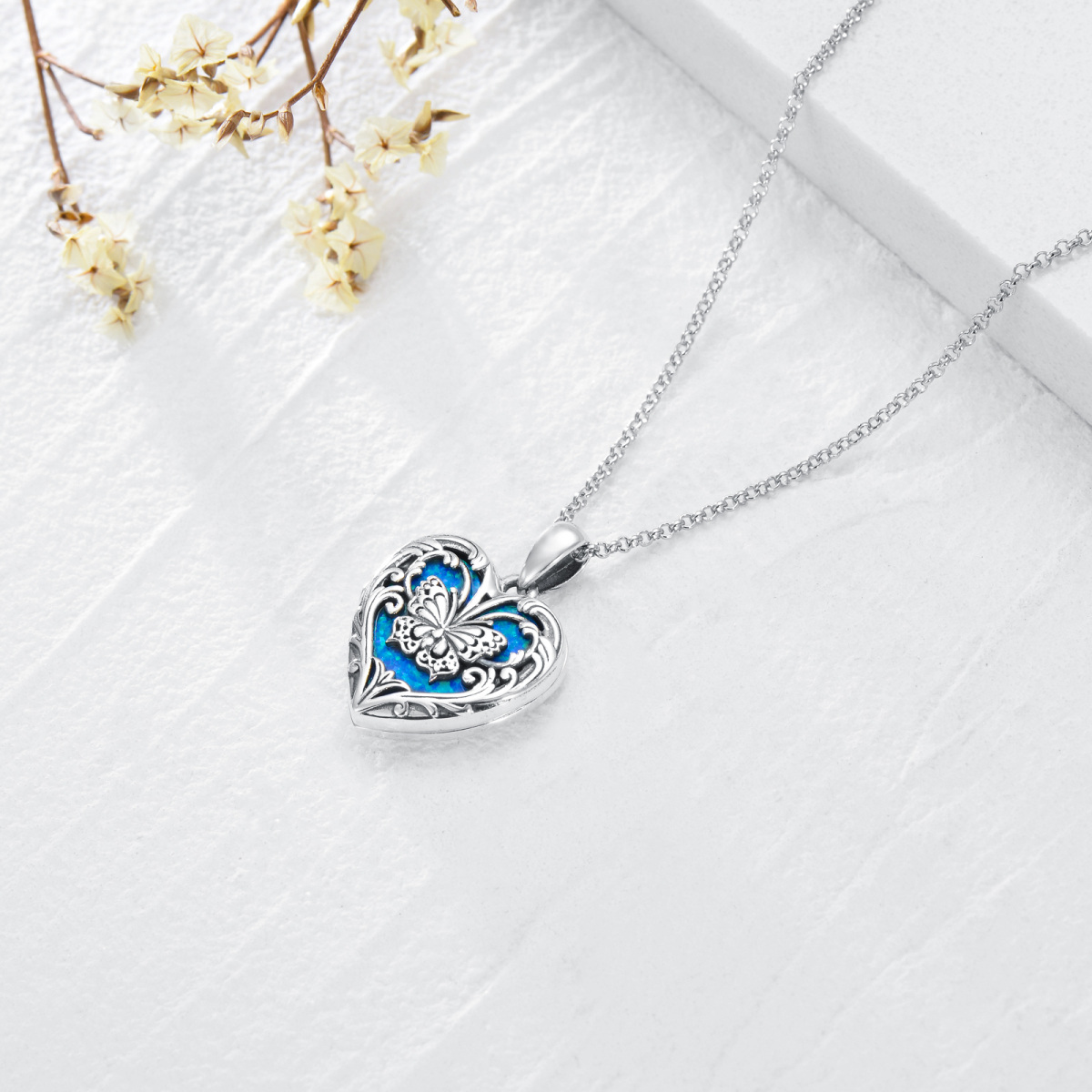 Sterling Silver Butterfly Heart Shaped Blue Opal Personalized Photo Locket Necklace-4