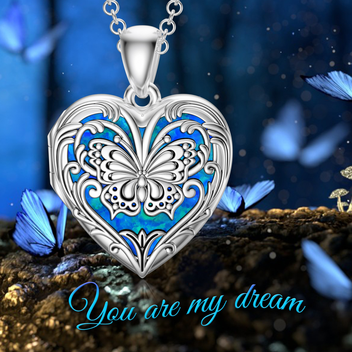 Sterling Silver Butterfly Heart Shaped Blue Opal Personalized Photo Locket Necklace-5