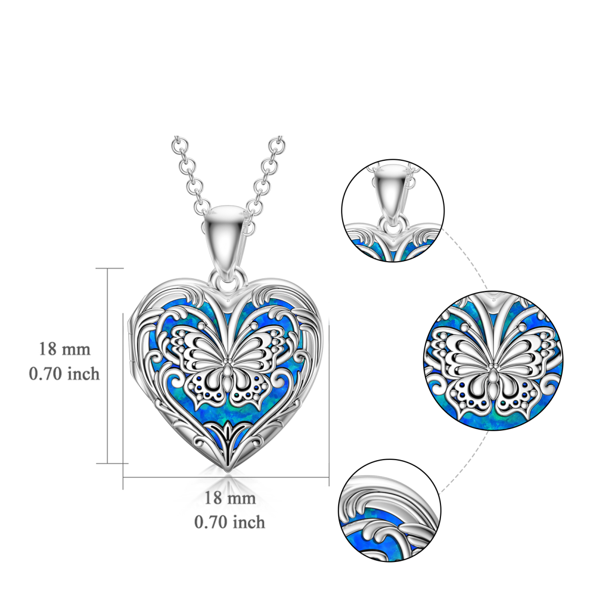 Sterling Silver Butterfly Heart Shaped Blue Opal Personalized Photo Locket Necklace-6