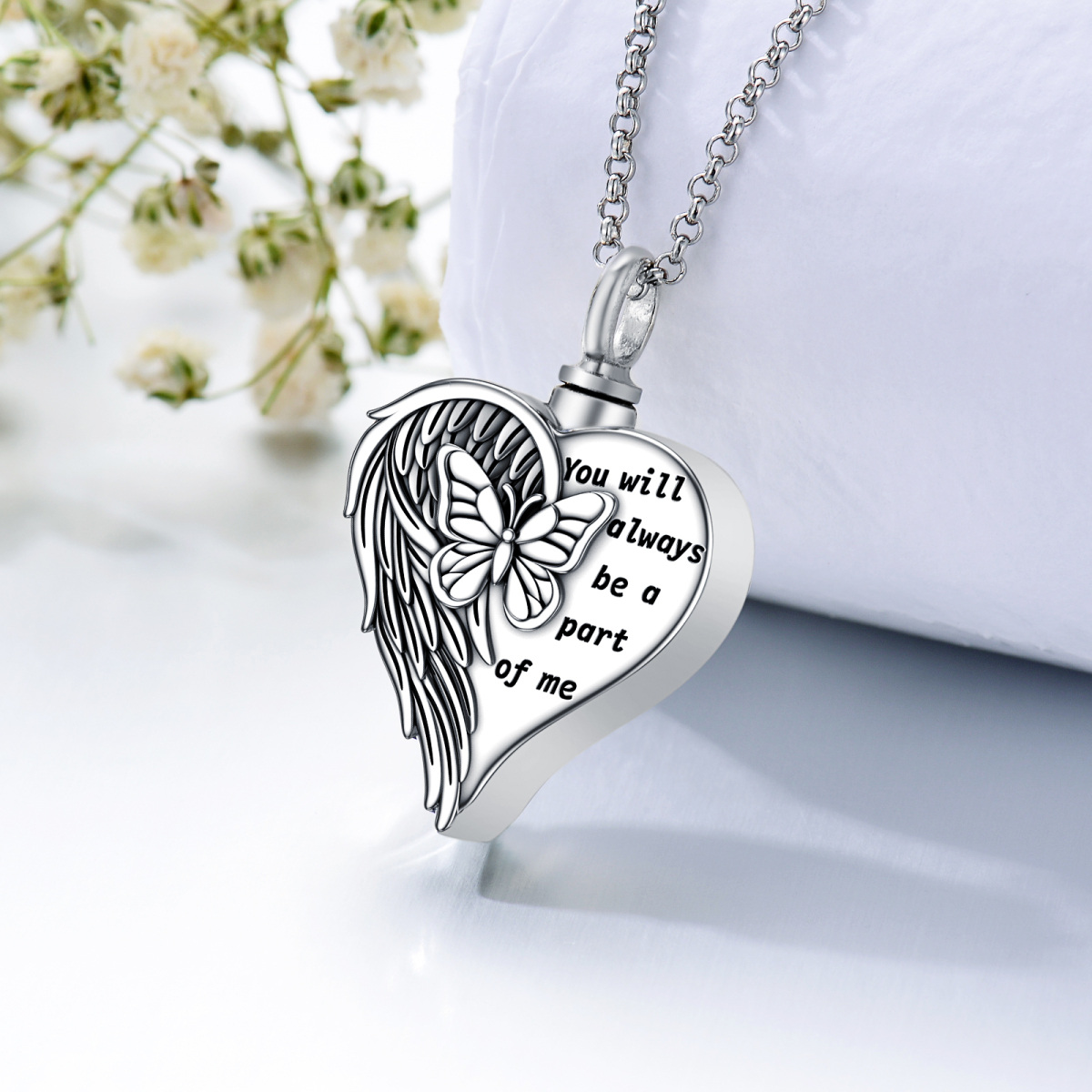 Sterling Silver Butterfly & Heart Urn Necklace for Ashes with Engraved Word-3