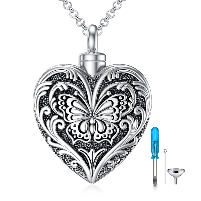 Collar de urna de plata de ley con forma de corazón y mariposa para cenizas de mujer-1