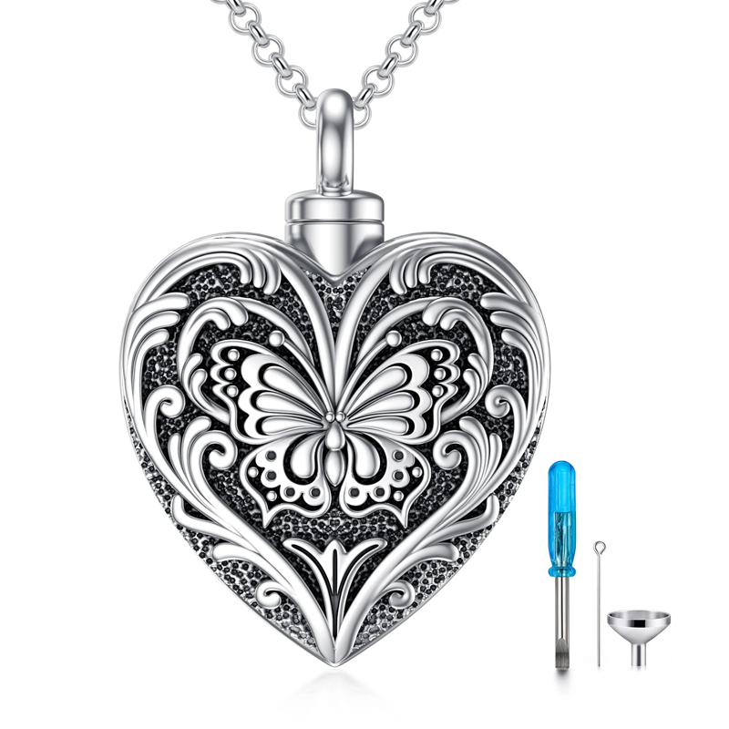 Sterling Silver Butterfly & Heart Urn Necklace for Ashes for women-14