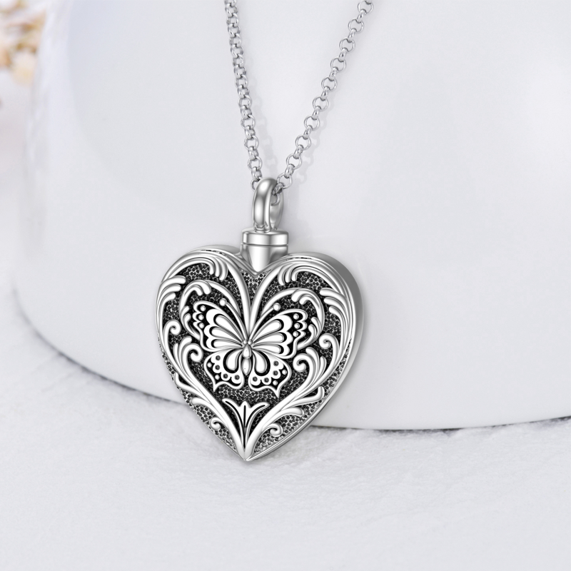 Collar de urna de plata de ley con forma de corazón y mariposa para cenizas de mujer-5