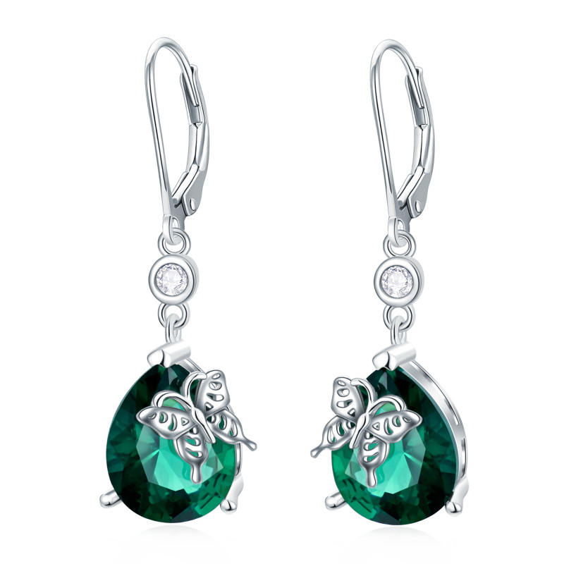 Sterling Silver Cubic Zirconia Butterfly Lever-back Earrings-7