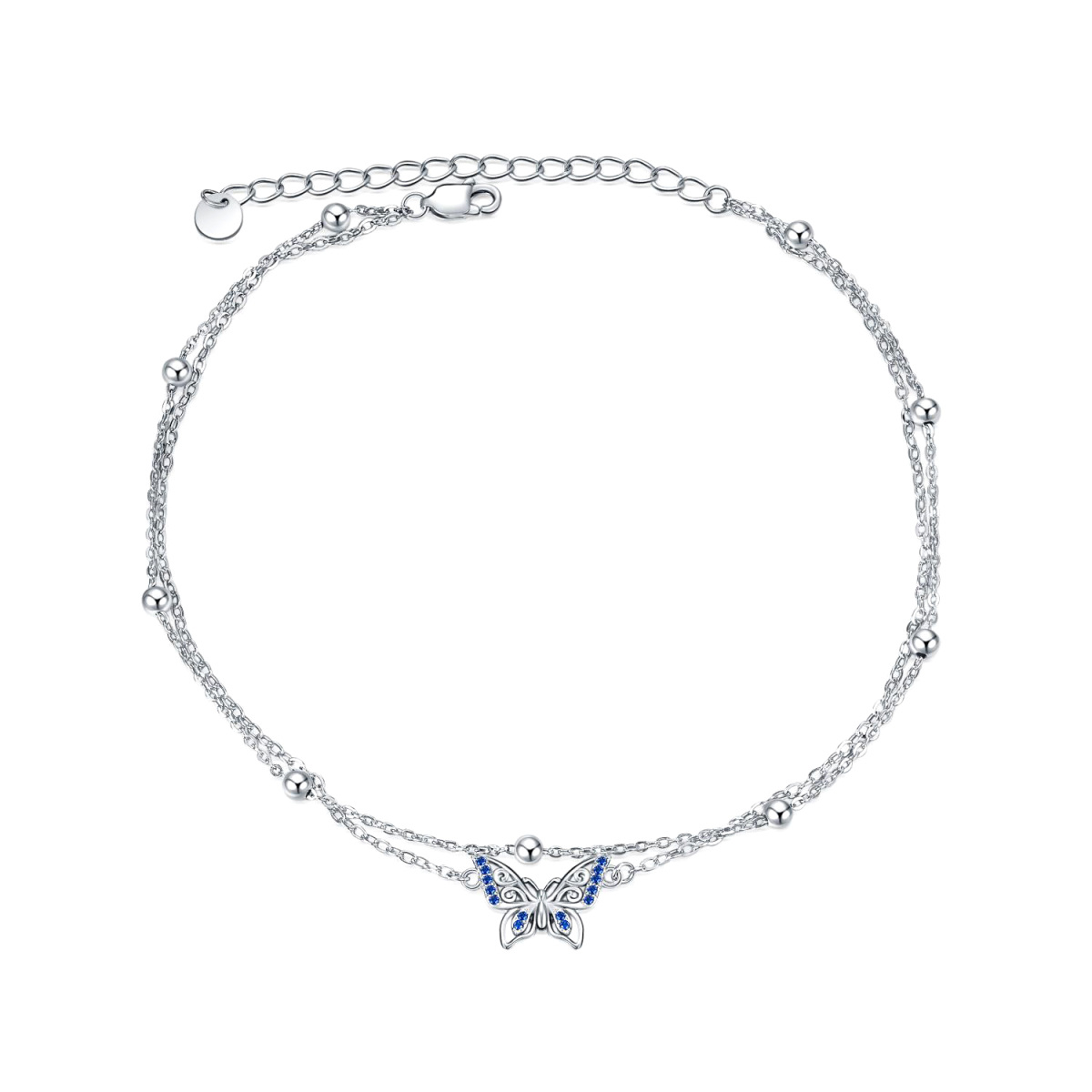 Sterling Silver Cubic Zirconia Butterfly Multi-layered Anklet-1