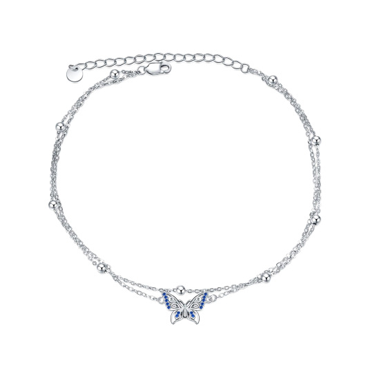 Sterling Silver Cubic Zirconia Butterfly Multi-layered Anklet