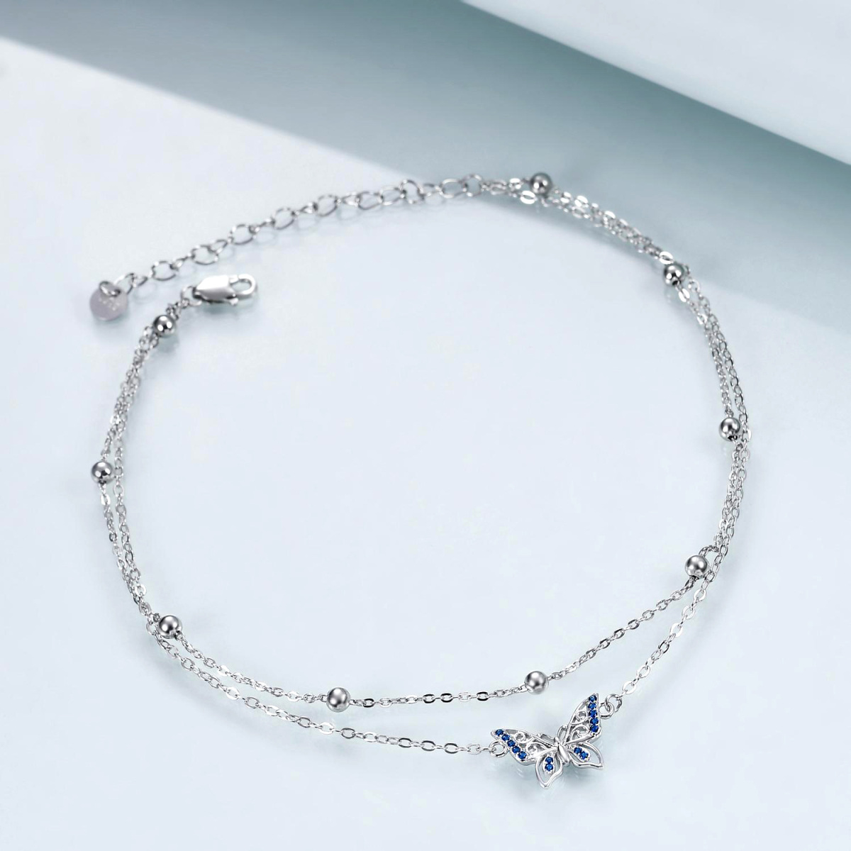 Sterling Silver Cubic Zirconia Butterfly Multi-layered Anklet-3