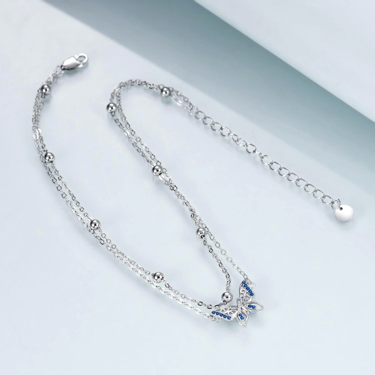 Sterling Silber Cubic Zirkonia Schmetterling Mehrschichtige Fußkettchen-4