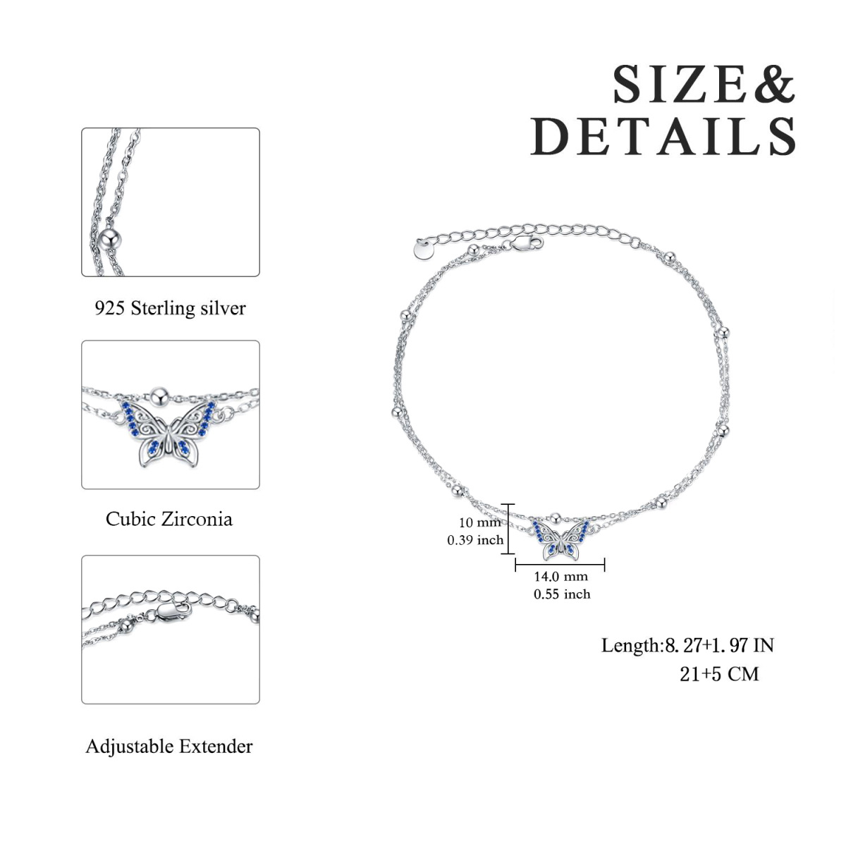 Sterling Silver Cubic Zirconia Butterfly Multi-layered Anklet-5