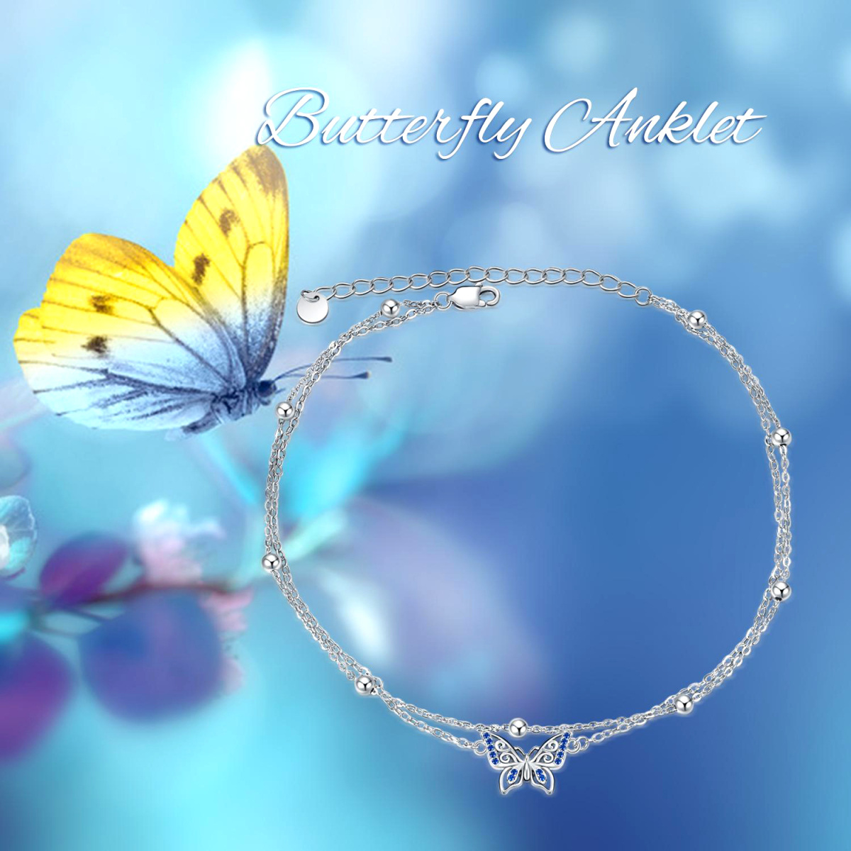 Sterling Silver Cubic Zirconia Butterfly Multi-layered Anklet-6