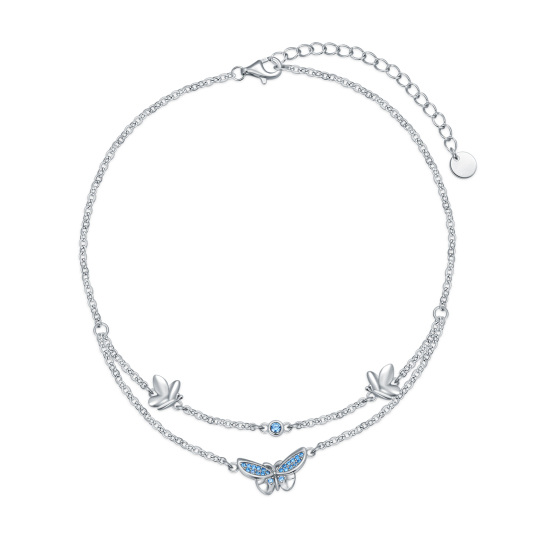 Bracelet de cheville en argent sterling avec papillon en zircon cubique et multicouches