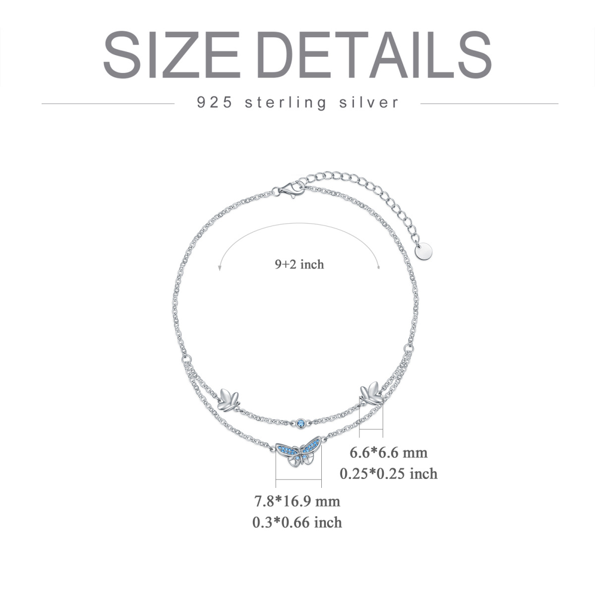 Sterling Silber Cubic Zirkonia Schmetterling Mehrschichtige Fußkettchen-5