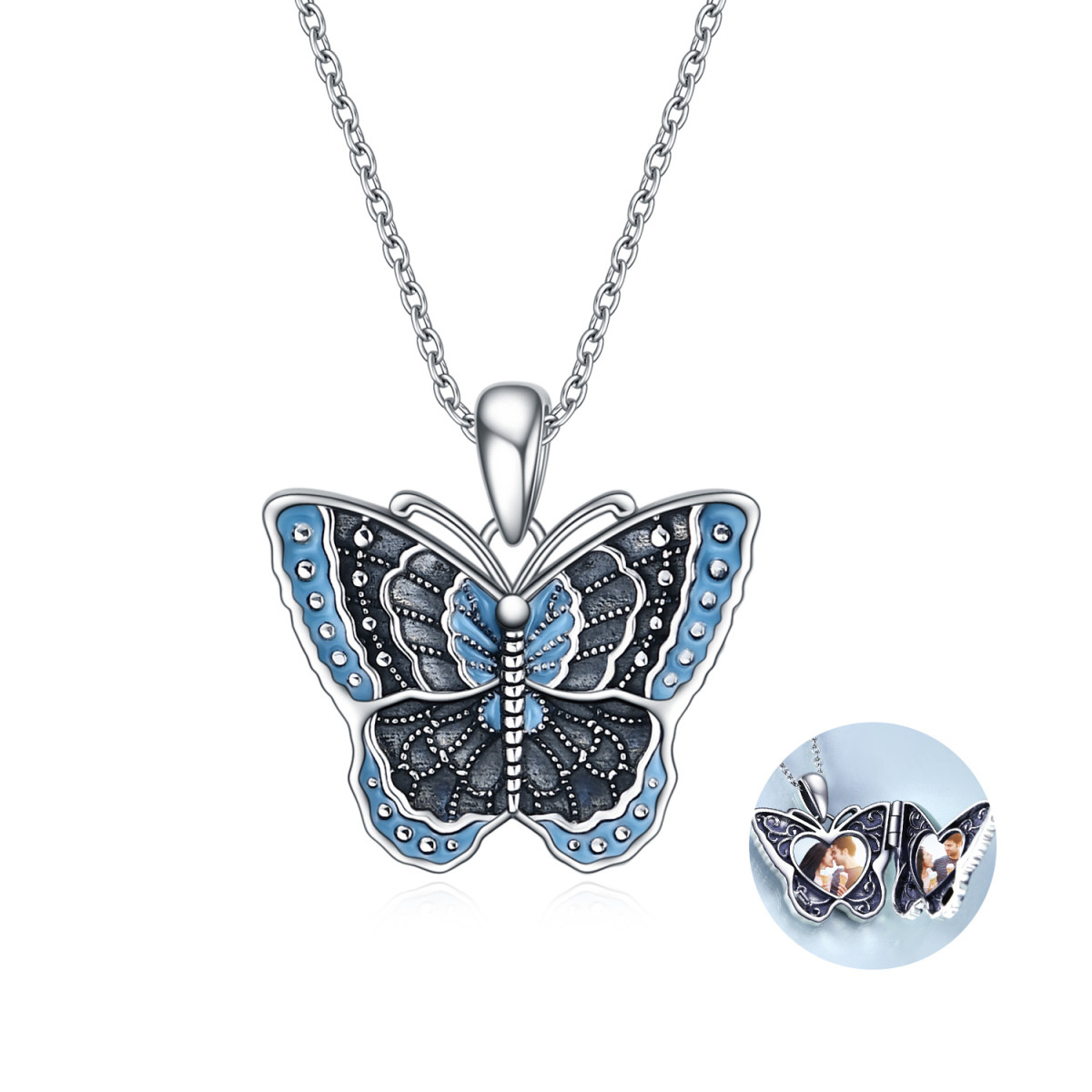 Sterling Silver Butterfly Personalised Photo Locket Necklace With Engraved Word For Women-1