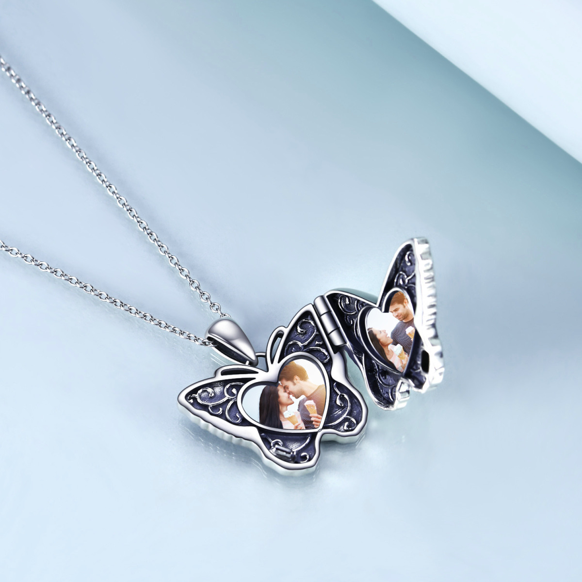 Sterling Silver Butterfly Personalised Photo Locket Necklace With Engraved Word For Women-3