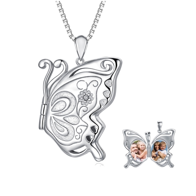 Sterling Silver Butterfly & Personalized Photo Personalized Photo Locket Necklace-4