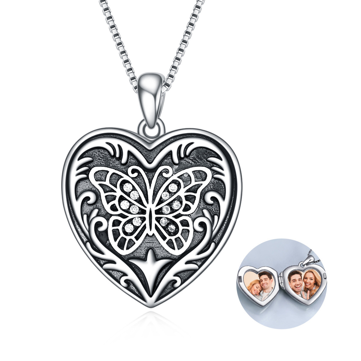 Sterling Silver Cubic Zirconia Butterfly & Personalized Photo Locket Necklace For Women-1