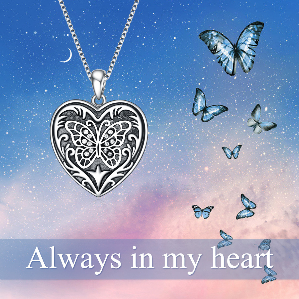 Sterling Silver Cubic Zirconia Butterfly & Personalized Photo Locket Necklace For Women-6