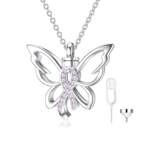 Collier d'urne pour cendres en argent sterling avec papillon et ruban rose pour le cancer du sein