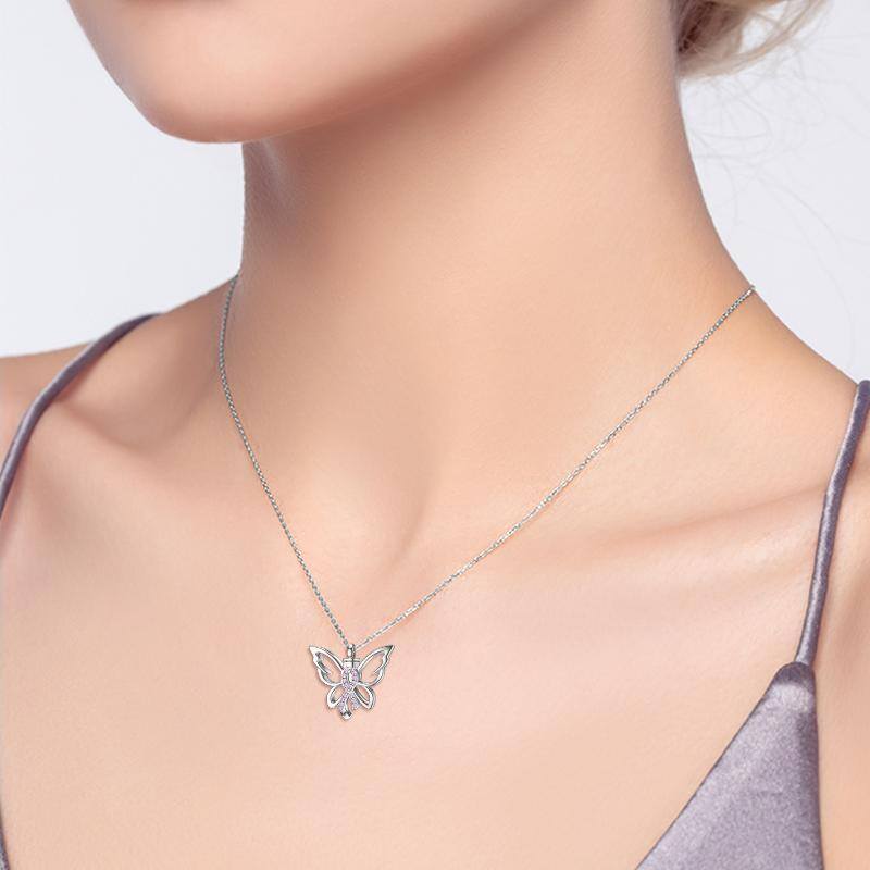 Collar de plata de ley con mariposa y lazo rosa para cenizas de cáncer de mama-2