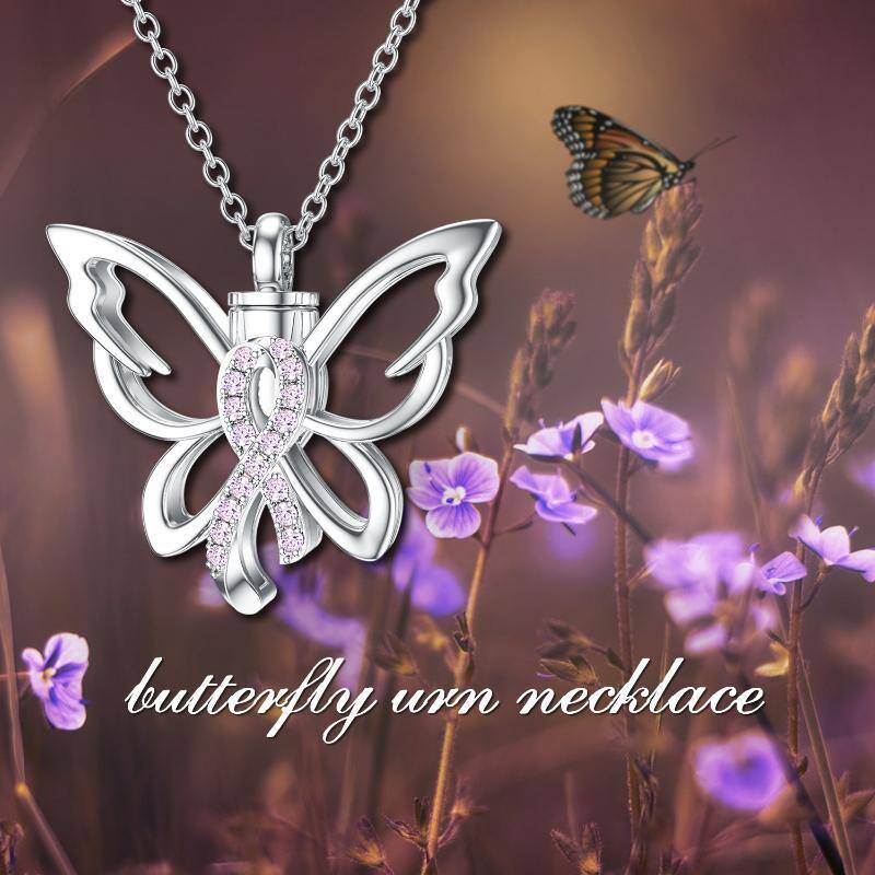 Sterling Silver Butterfly & Pink Ribbon Breast Cancer Urn Necklace for Ashes-3