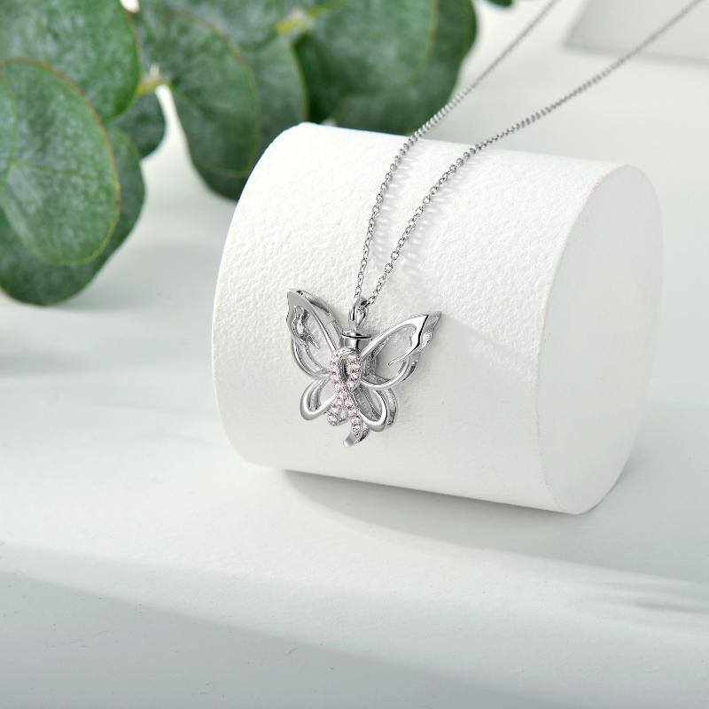 Sterling Silver Butterfly & Pink Ribbon Breast Cancer Urn Necklace for Ashes-4