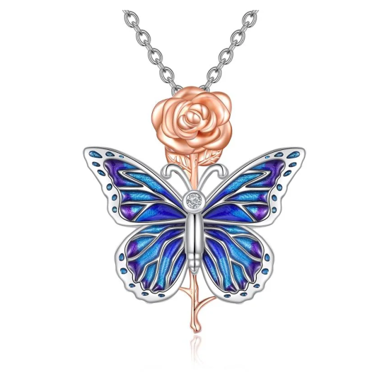 Sterling Silver Butterfly & Rose Pendant Necklace