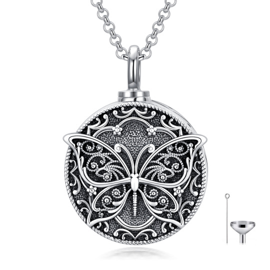 Sterling Silver Butterfly Round Pendant Urn Necklace for Ashes