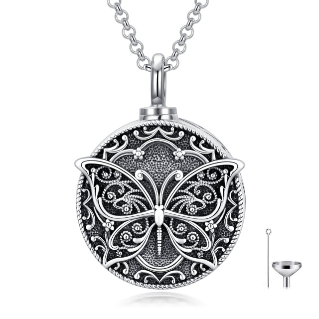 Sterling Silver Butterfly Round Pendant Urn Necklace for Ashes-3