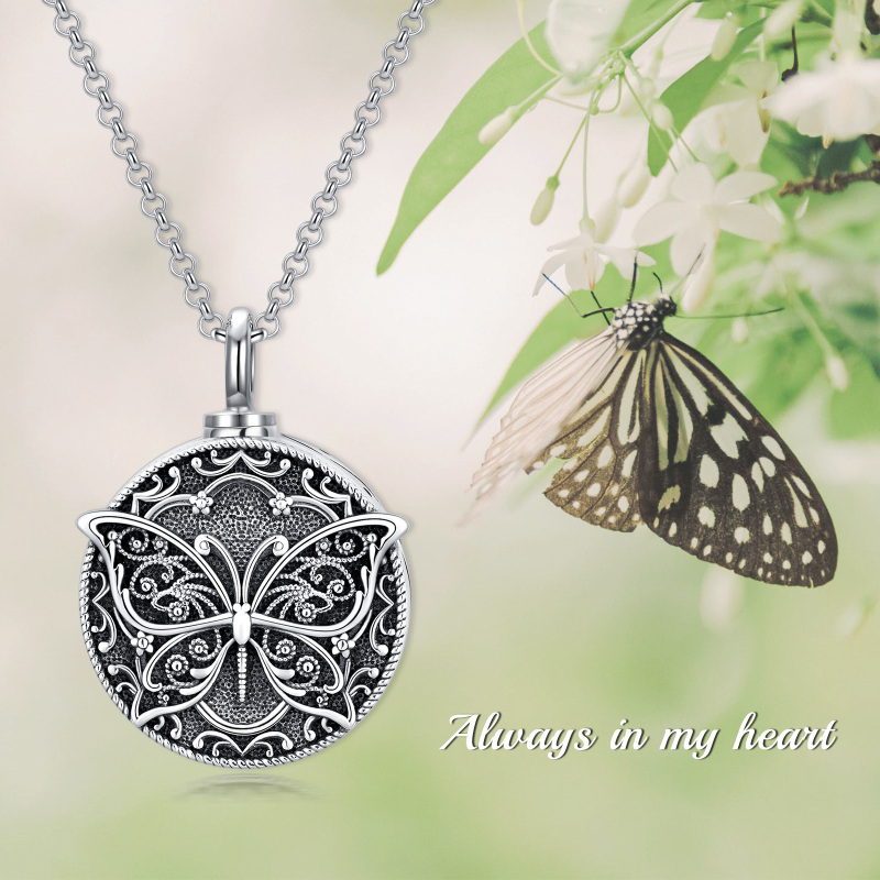 Sterling Silver Butterfly Round Pendant Urn Necklace for Ashes-3