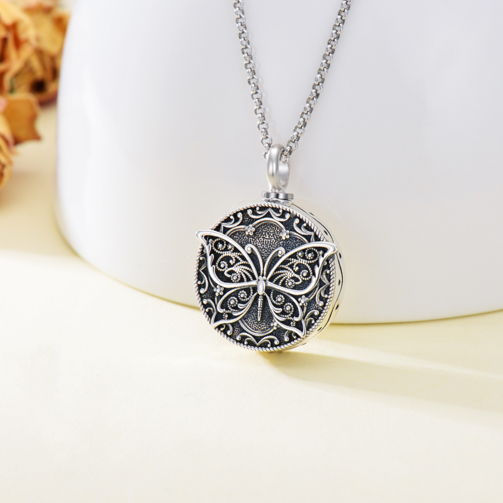 Sterling Silver Butterfly Round Pendant Urn Necklace for Ashes-4