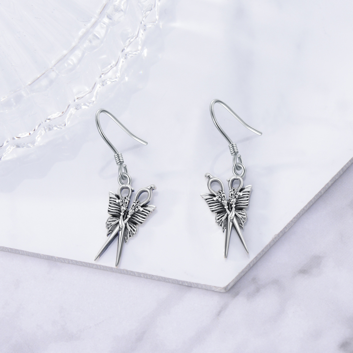 Sterling Silver Butterfly & Scissors Drop Earrings-3