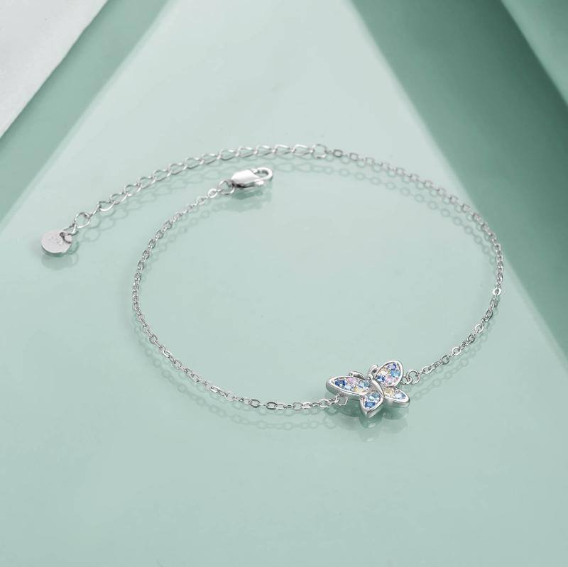 Sterling Silver Cubic Zirconia Butterfly Single Layer Anklet-3