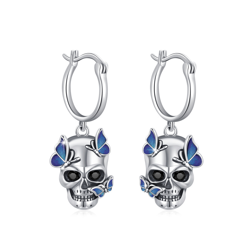 Boucles d'oreilles pendantes papillon et tête de mort en argent sterling