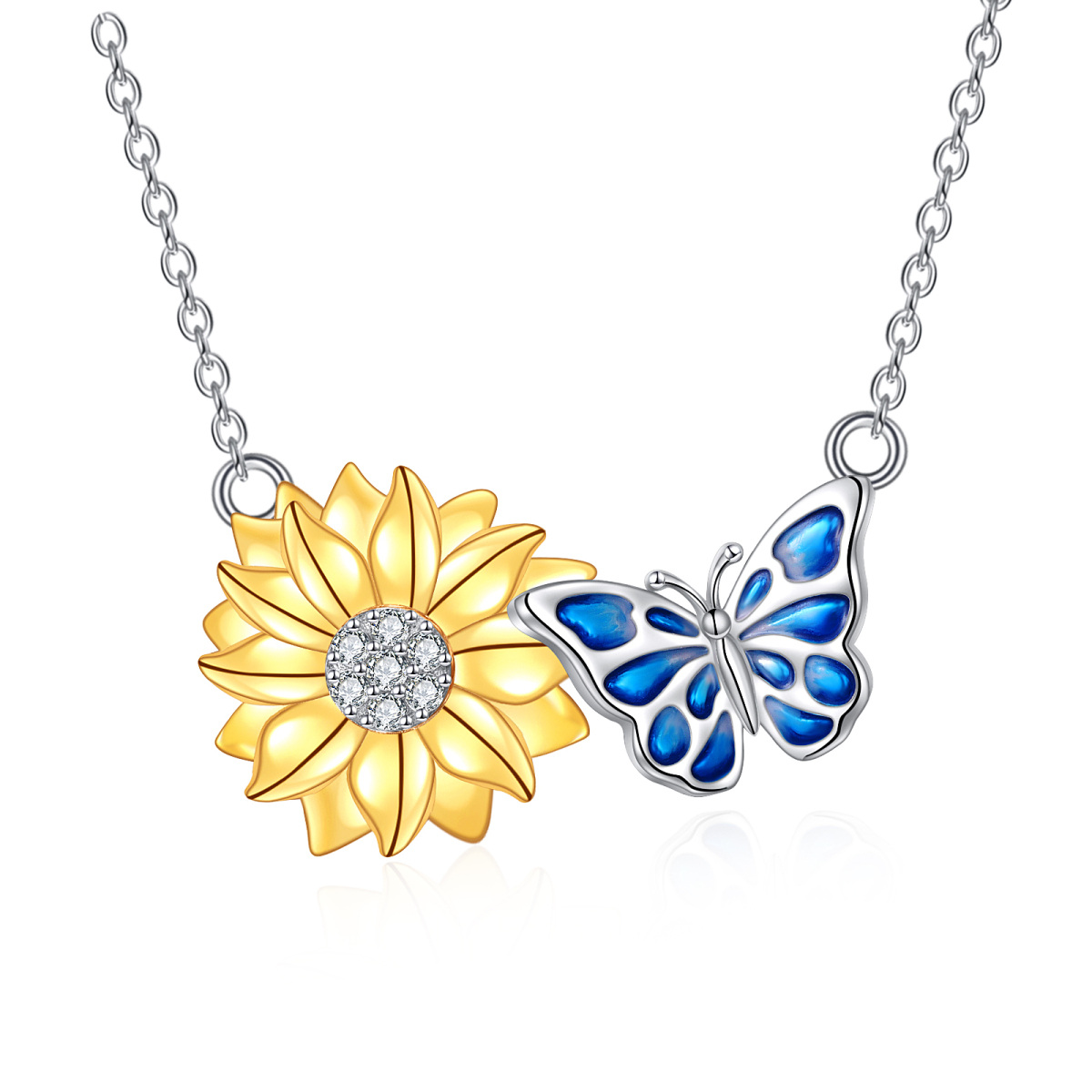 Sterling Silver Cubic Zirconia Butterfly & Sunflower Pendant Necklace-1