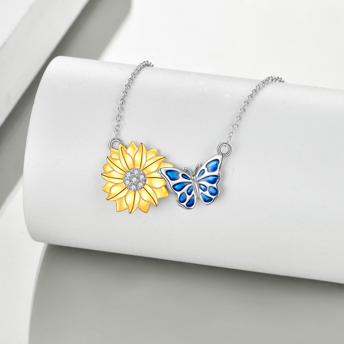 Sterling Silver Cubic Zirconia Butterfly & Sunflower Pendant Necklace-3