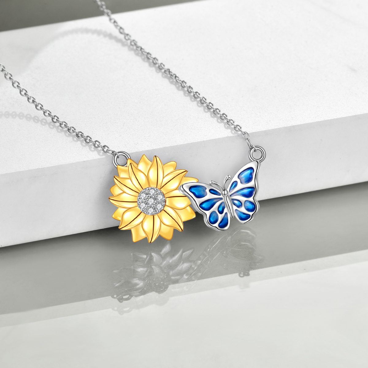 Sterling Silver Cubic Zirconia Butterfly & Sunflower Pendant Necklace-4